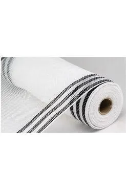 10" Border Stripe Faux Jute Mesh Ribbon: White/Black (10 Yards)