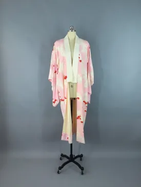 1930s Vintage Silk Kimono Robe / Pink & Red Floral Print