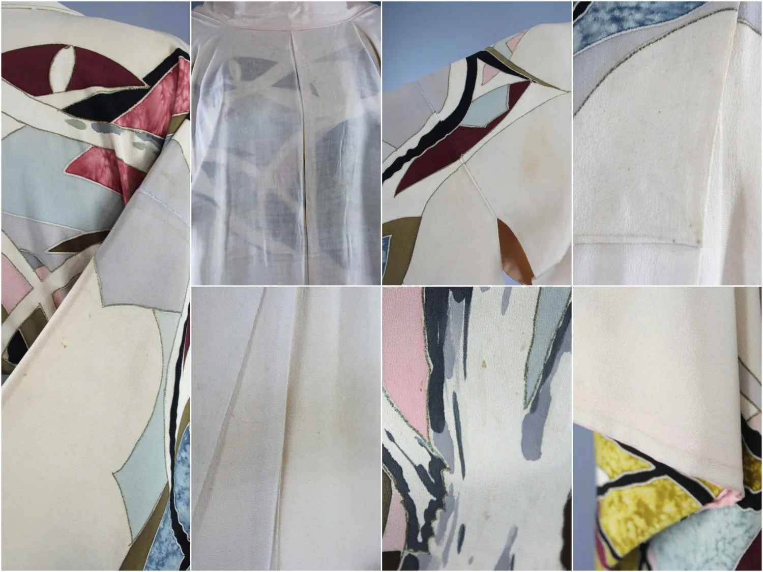 1940s Vintage Silk Kimono Robe in Ivory Abstract Marble Print