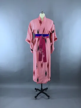 1950s Vintage Kimono Robe with Pink Geometric Ikat Print
