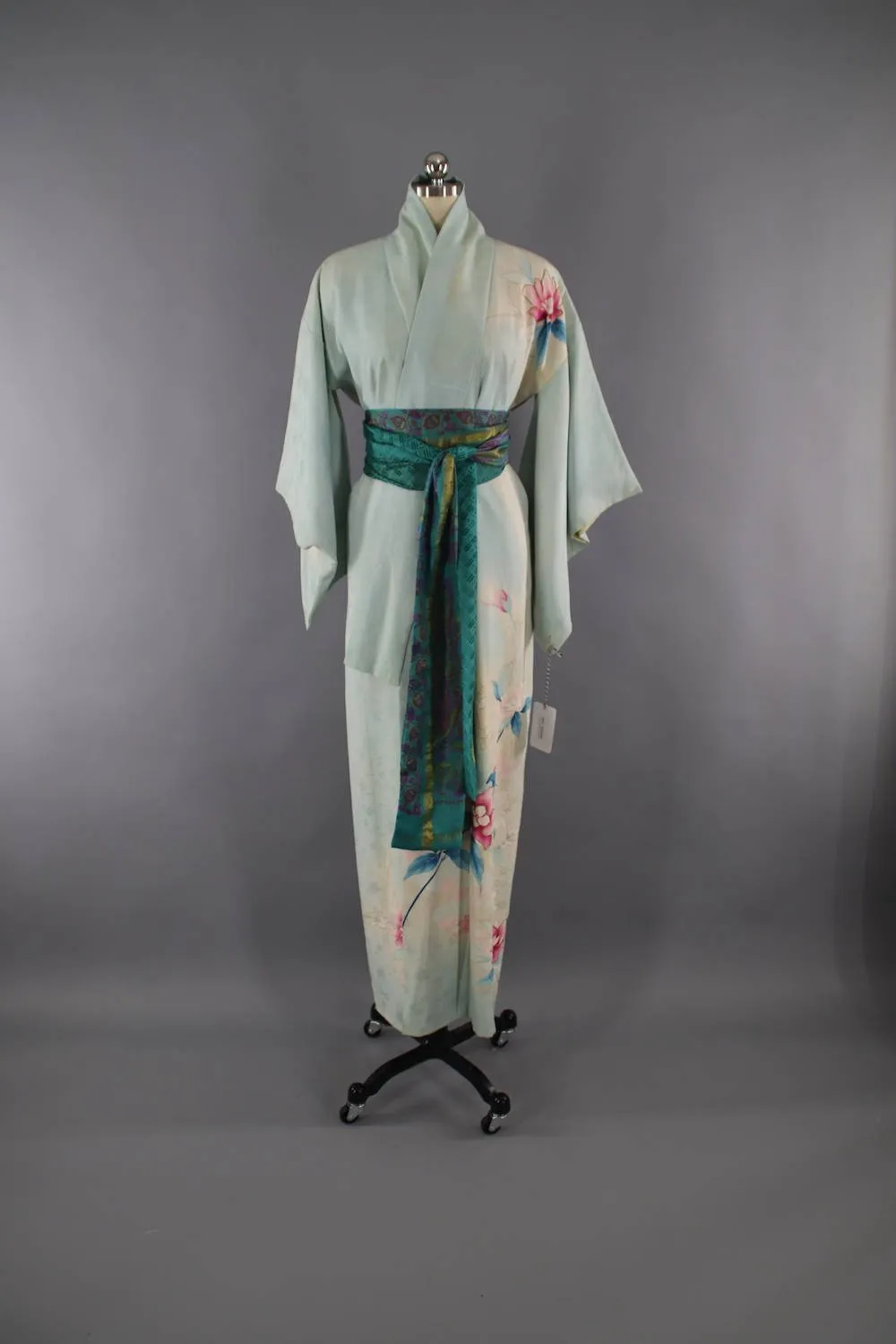 1950s Vintage Silk Kimono Robe / Blue Green Floral Print