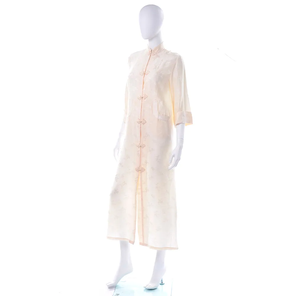1960s Ivory Silk Chinese Long Housecoat or Cheongsam Size S/M