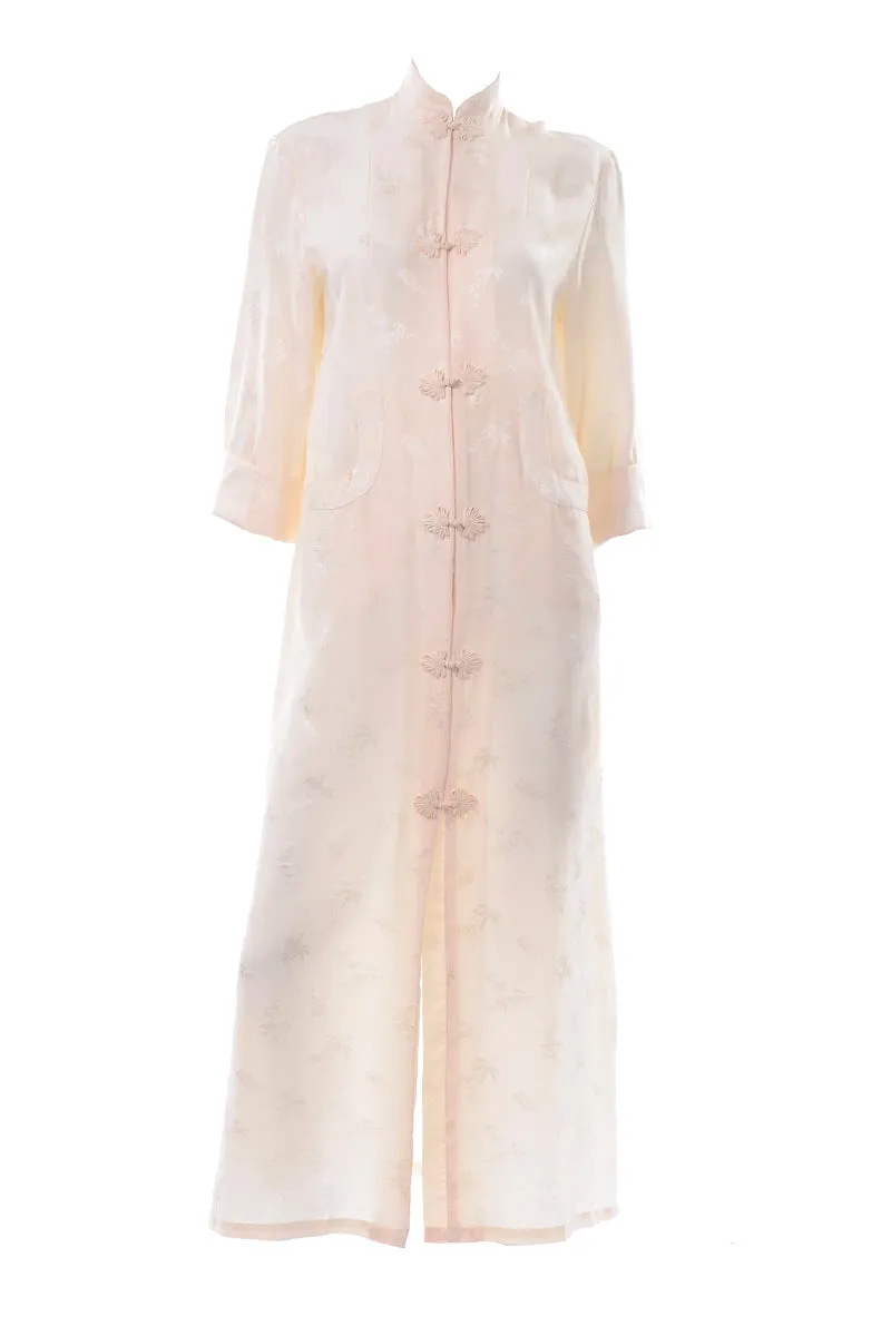 1960s Ivory Silk Chinese Long Housecoat or Cheongsam Size S/M