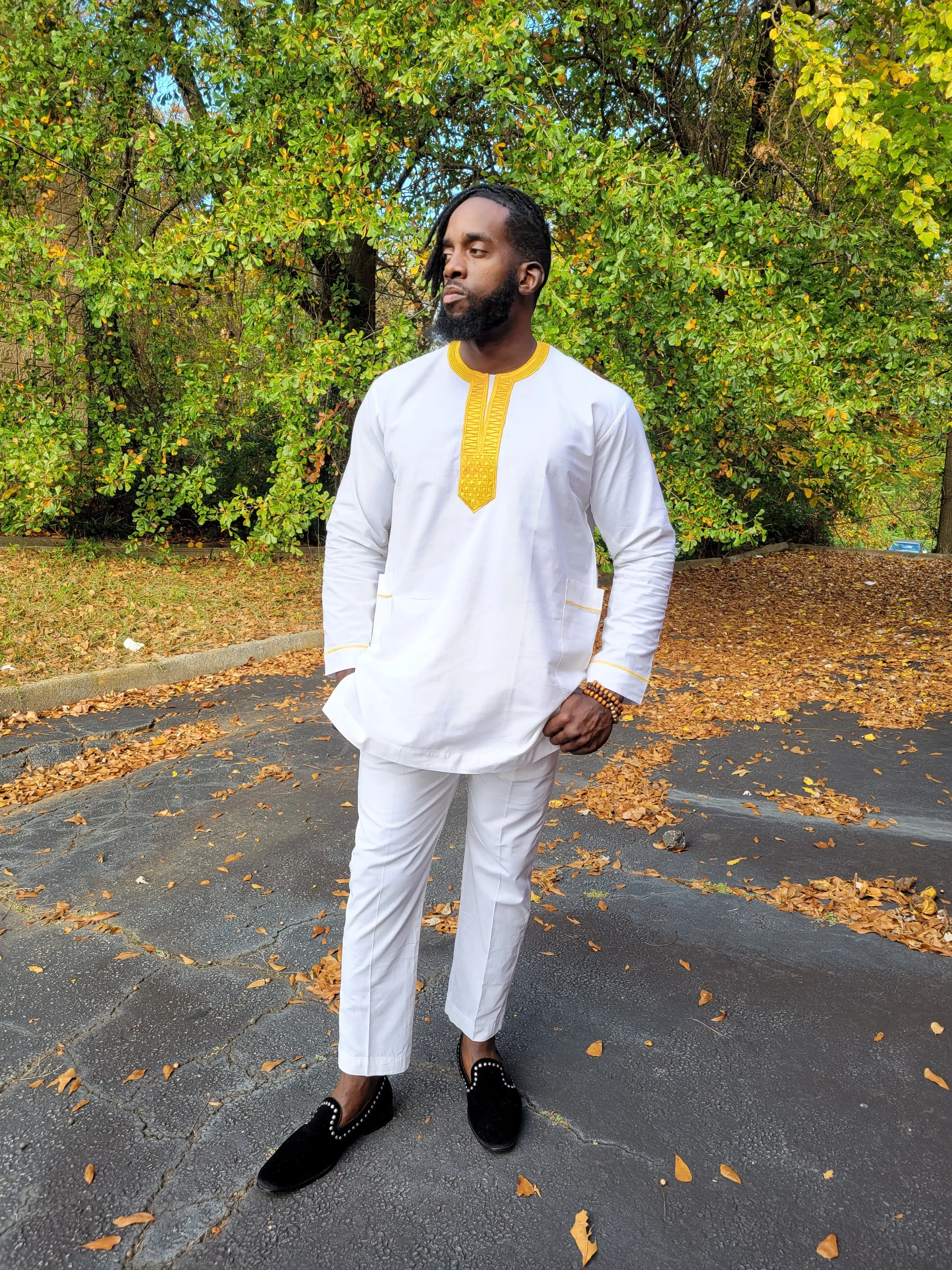 Abiodun White and Gold African Agbada Grand boubou Attire-DP2467D