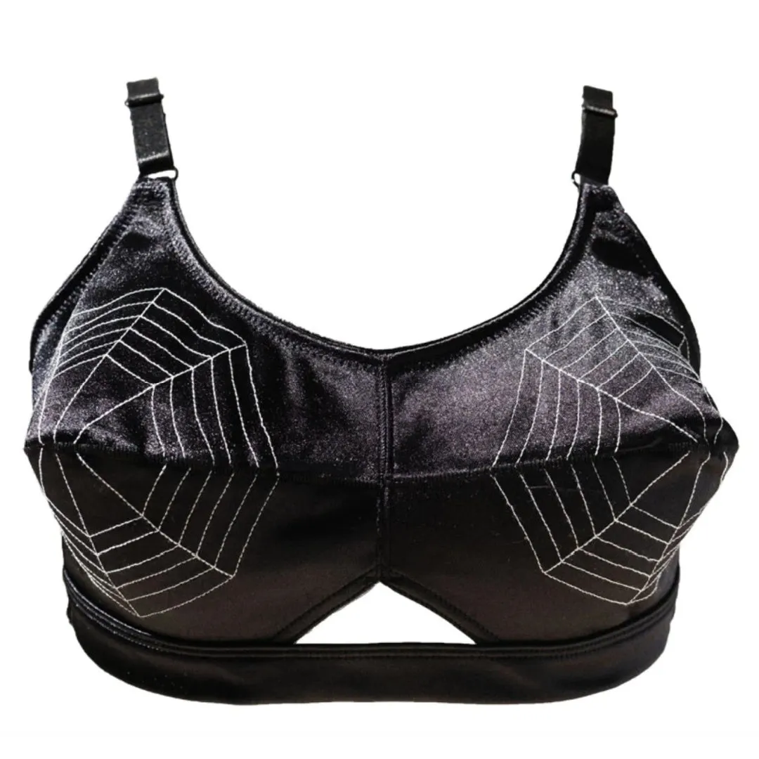 Ariadne Black Satin Bullet Bra with Elegant Spider Web Design