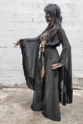 Five and Diamond Morticia Robe - black fringe