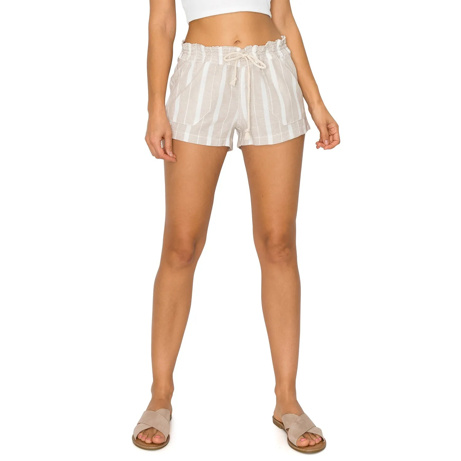 Printed Drawstring Linen Shorts - Taupe White