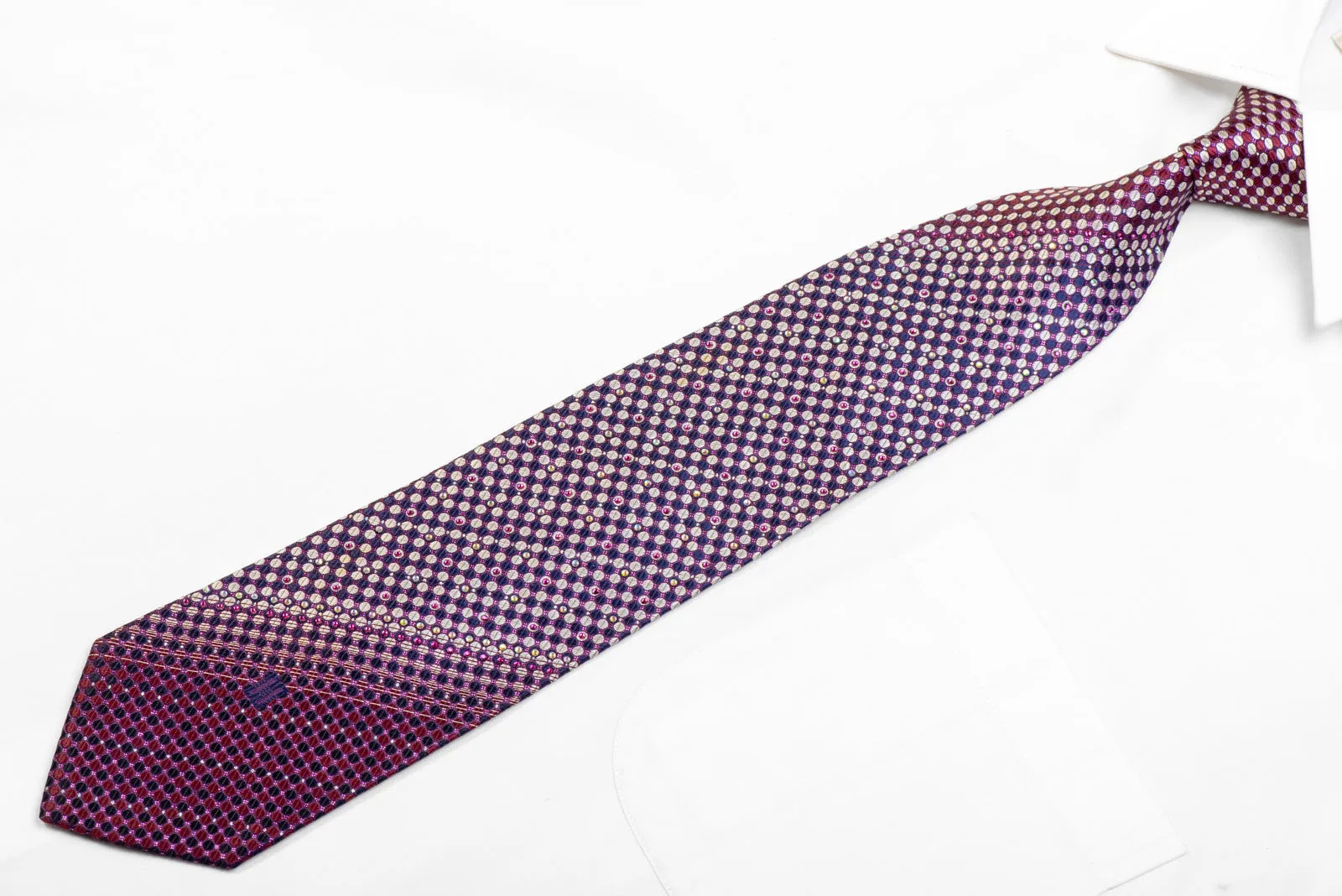 Silver Blue Geometric Dota On Burgundy Rhinestone Tie With Purple Sparkles